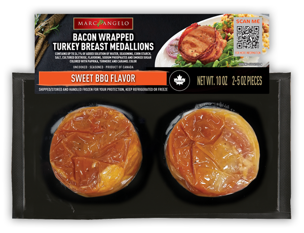 Marcangelo sweet BBQ flavor turkey breast medallion wrapped in bacon