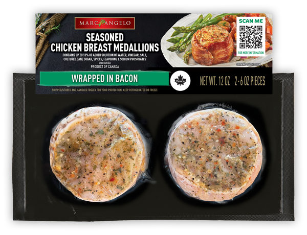 Marcangelo seasoned chicken breast medallions wrapped in bacon