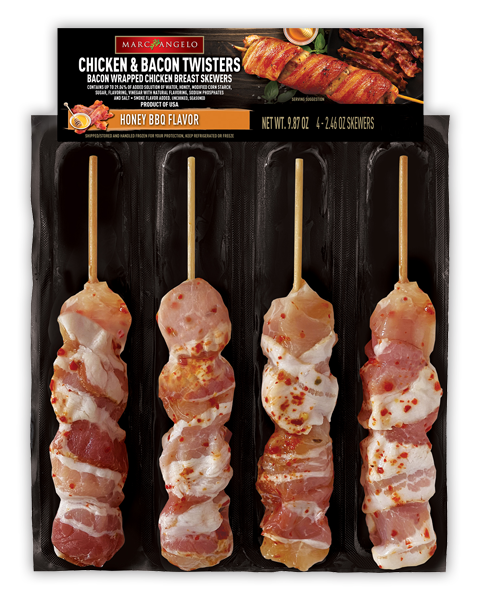 Marcangelo bacon wrapped chicken skewers honey BBQ flavor
