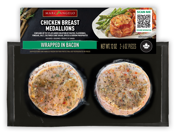 Marcangelo chicken breast medallions wrapped in bacon
